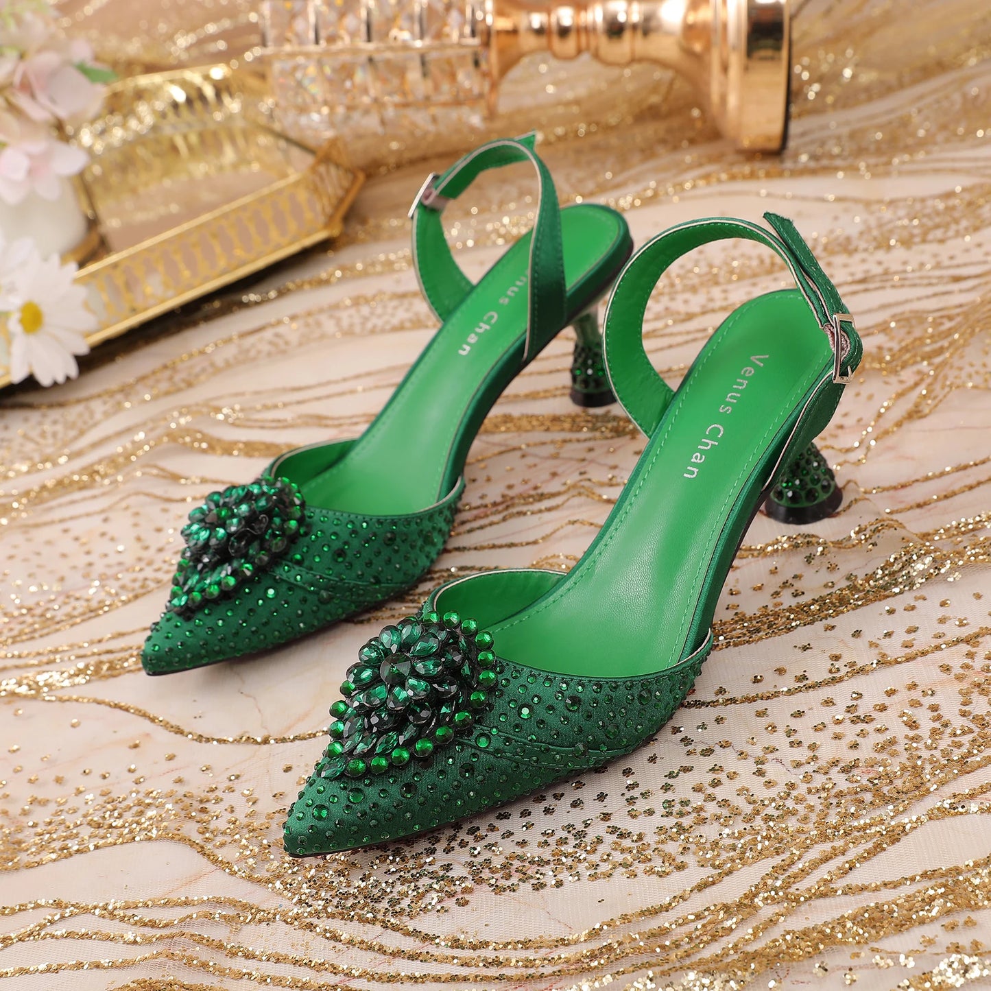 Luxury Elegant High Heels Royal Blue Color Diamond Embellished Pointed Toe Women's Shoes for Wedding Party Casual 2025 Style