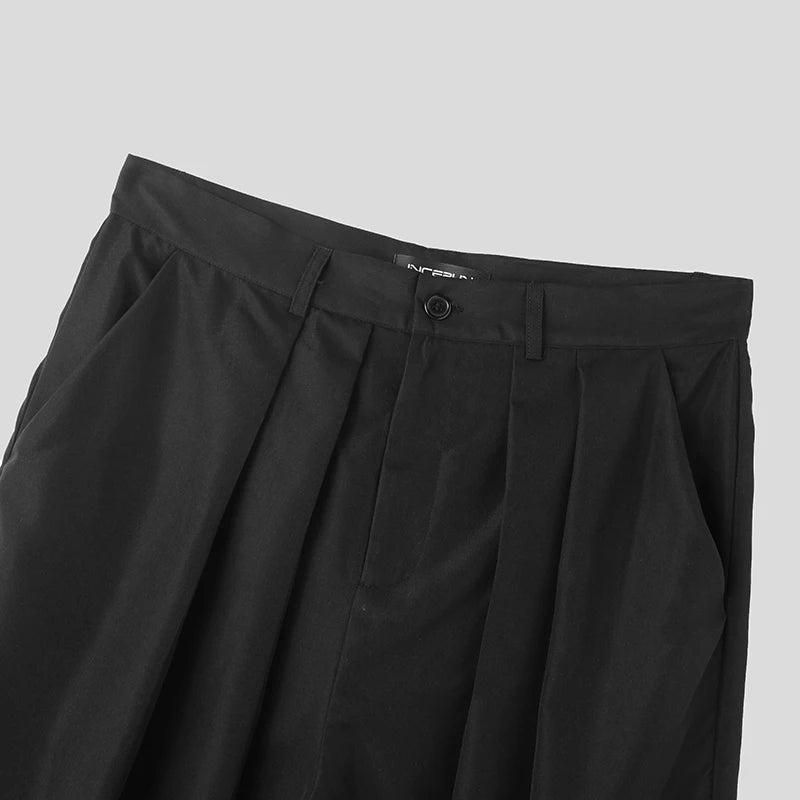 INCERUN Men Irregular Pants Solid Color Joggers Loose Button Pleated Casual Wide Leg Trousers Men Streetwear 2024 Fashion Pants