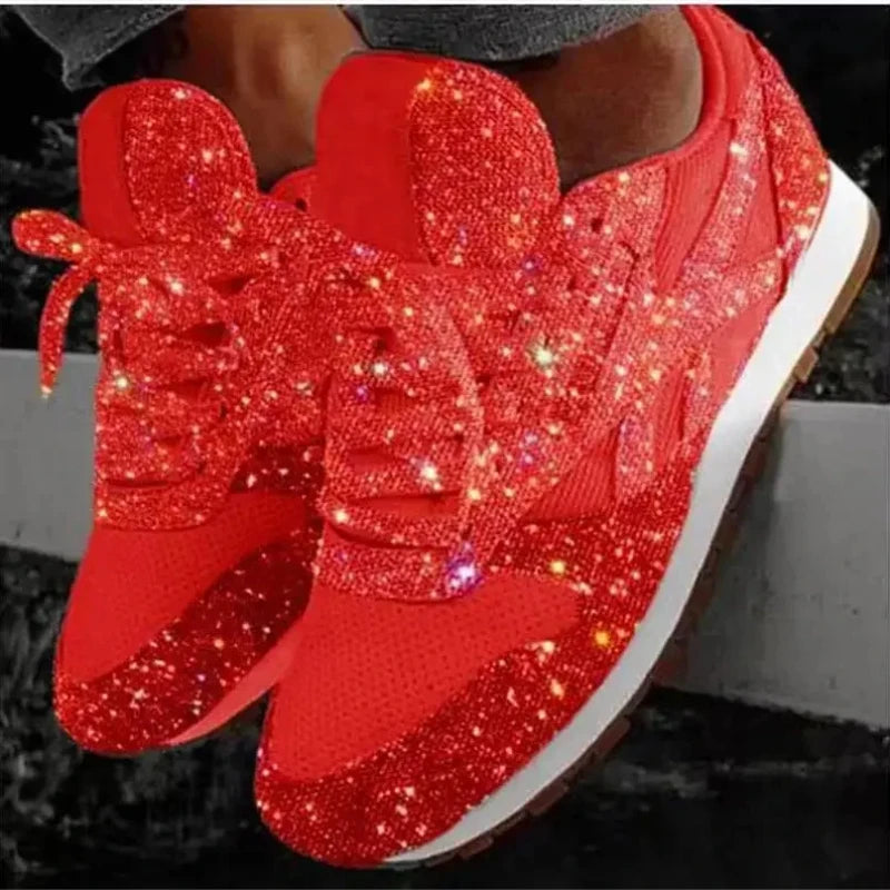 2024 New Women Flat Sneakers Casual Bling Vulcanized Shoes Women Mesh Lace Up Platform Plus Size Fashion Outdoor Woman Shoes