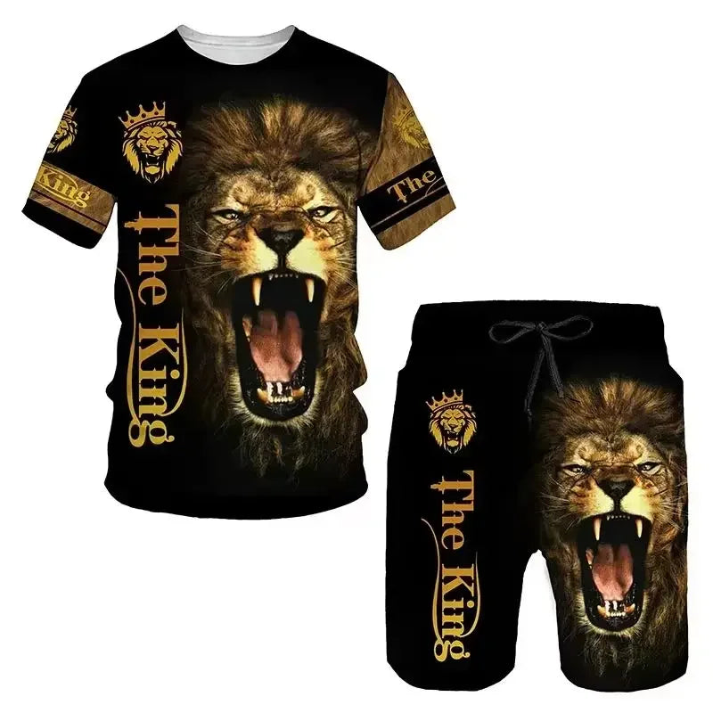 Men's Outdoor Printed T-shirt Shorts 2-piece Set 3D Printed O-neck Fashionable Men's Casual Breathable and Comfortable Set