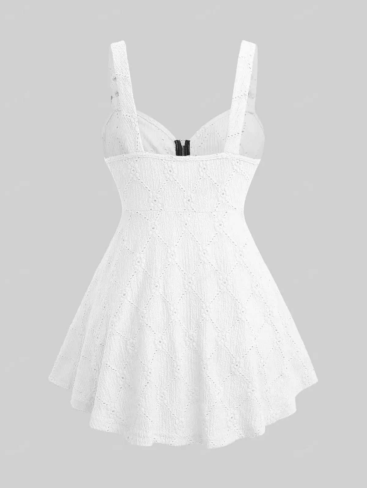 ROSEGAL Plus Size White Hollow Out Lace-Up Zipper Tank Tops Women Summer Jacquard Textured Buckle Grommet Backless Vest