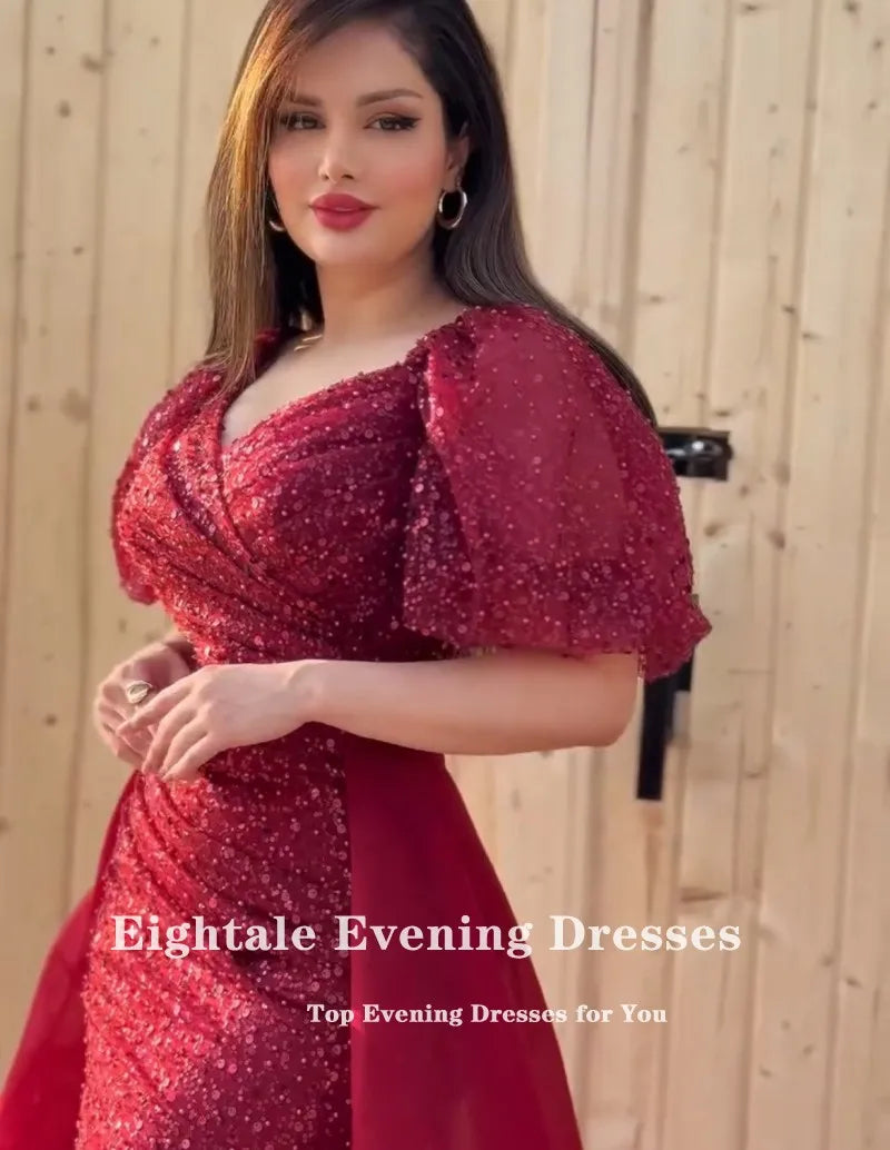 Eightale Violet Evening Dresses V-Neck Short Sleeves Robes De Soirée Sequined Customized Mermaid Prom Gown Wedding Party Dress