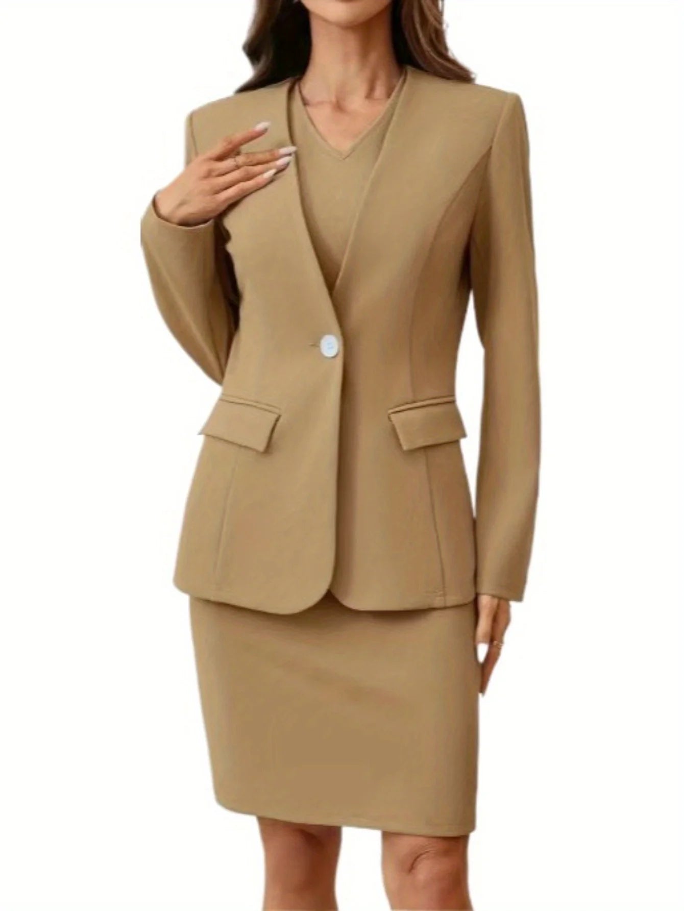 Women Elegant Office Lady V Neck Dress Suits Pure Color Sleeveless Pencil Dress Professional Casual Suit Set Spring Autumn