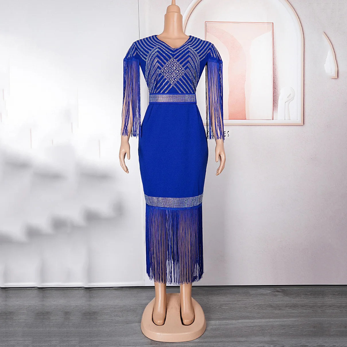 Elegant African Dresses New Trends Luxury Diamond Tassel V Neck Sheath Mid Calf Modest Female Business Work Wear Gowns Clothes