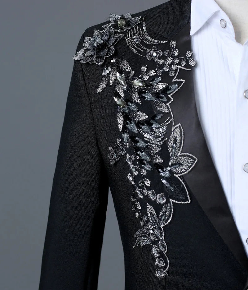 COLDKER Elegant Appliqued Mens Suits Slim Fit 2 Piece Formal Tuxedo Suits Blazer Pants with Bow Tie for Wedding Prom