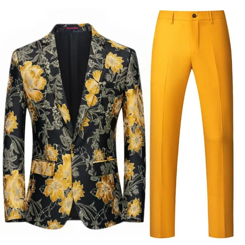 Men Suit 2 Pieces Orange Flower Pattern One Button Business Casual For Wedding Birthday Party Set Jacket And Pants