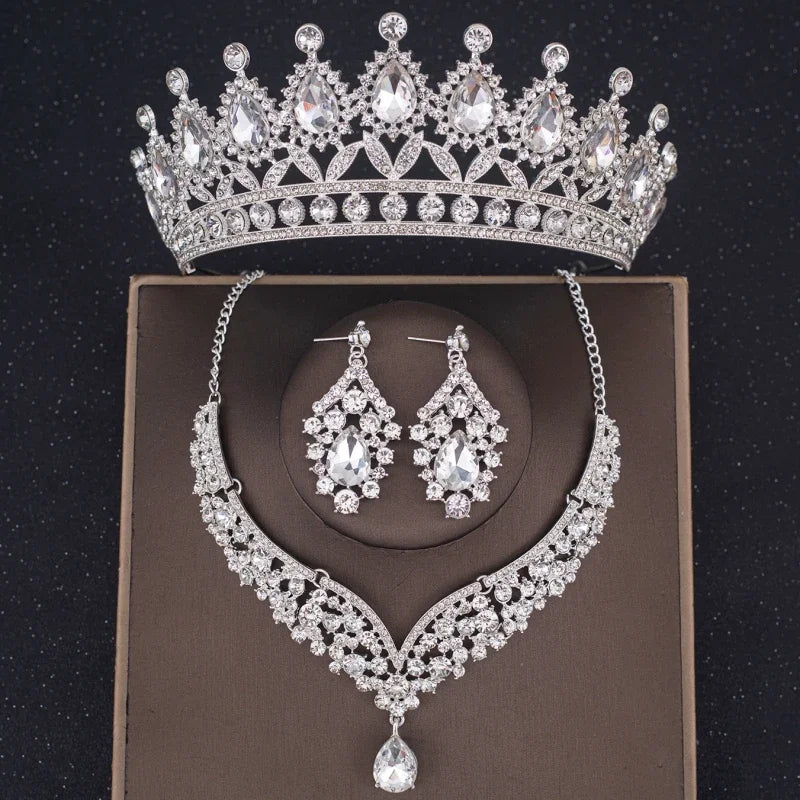 3Pcs Crystal Crown Necklace Earring Set Baroque Rhinestone Bridal Jewelry Set Bridal Wedding Hair Accessories Jewelry Crown Gift
