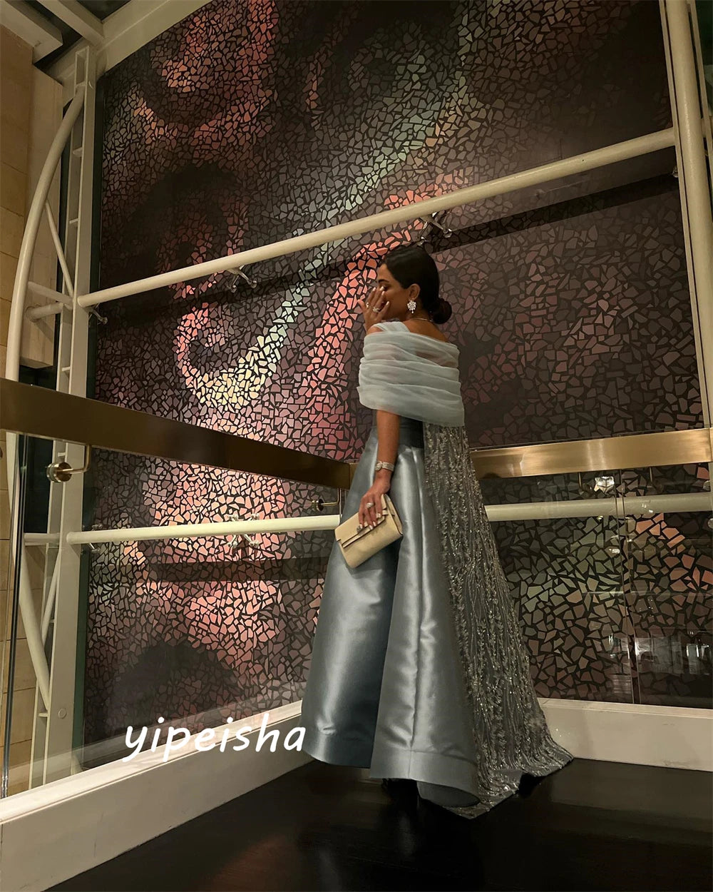 Customized Elegant Off-the-shoulder A-line Celebrity Dress Beading Paillette / Sequins Tulle Charmeuse Evening