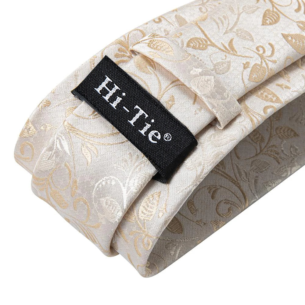 Hi-Tie Champagne Ivory Floral Solid Design Silk Wedding Tie For Men Quality Hanky Cufflink Fashion Nicktie Business Dropshipping