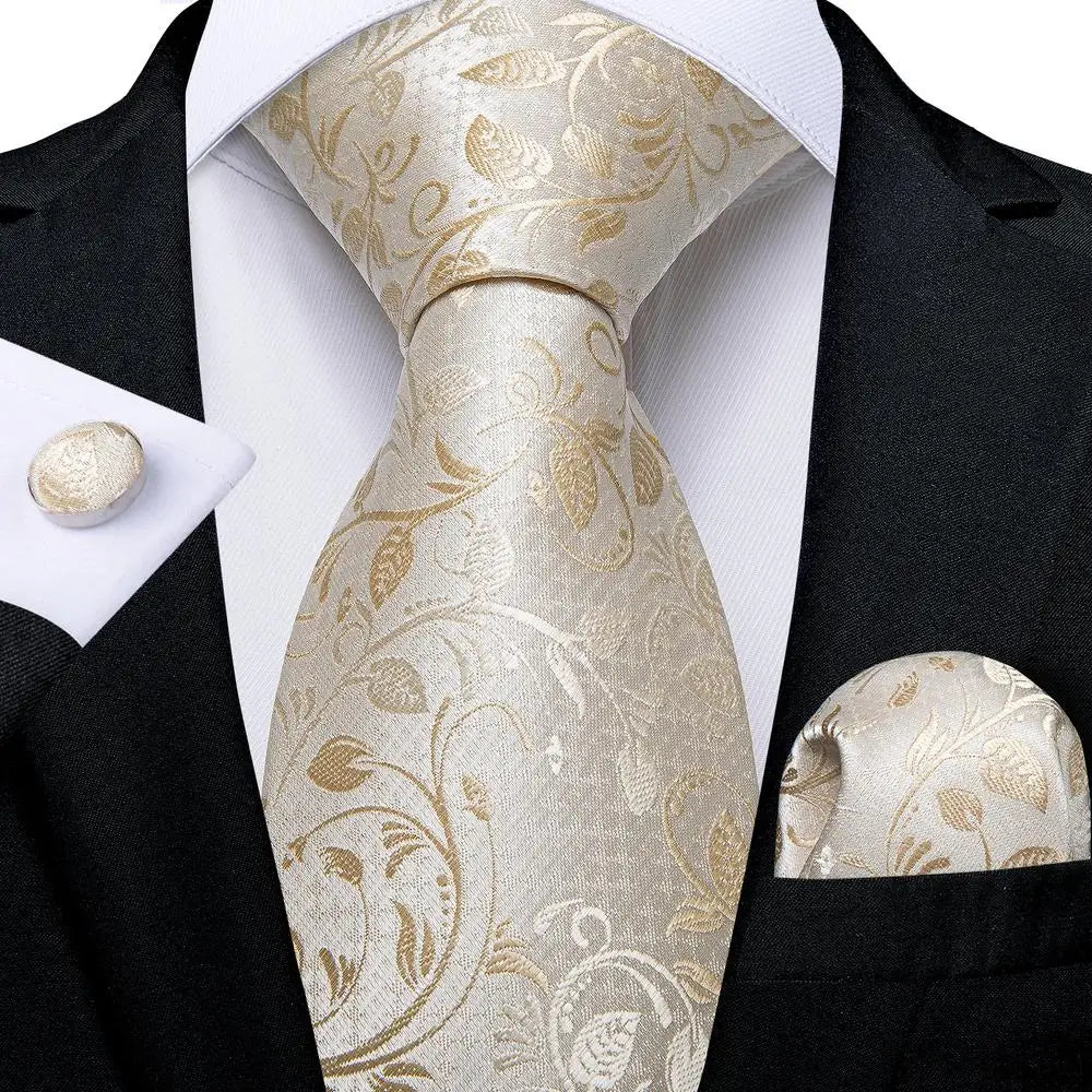 Hi-Tie Champagne Ivory Floral Solid Design Silk Wedding Tie For Men Quality Hanky Cufflink Fashion Nicktie Business Dropshipping