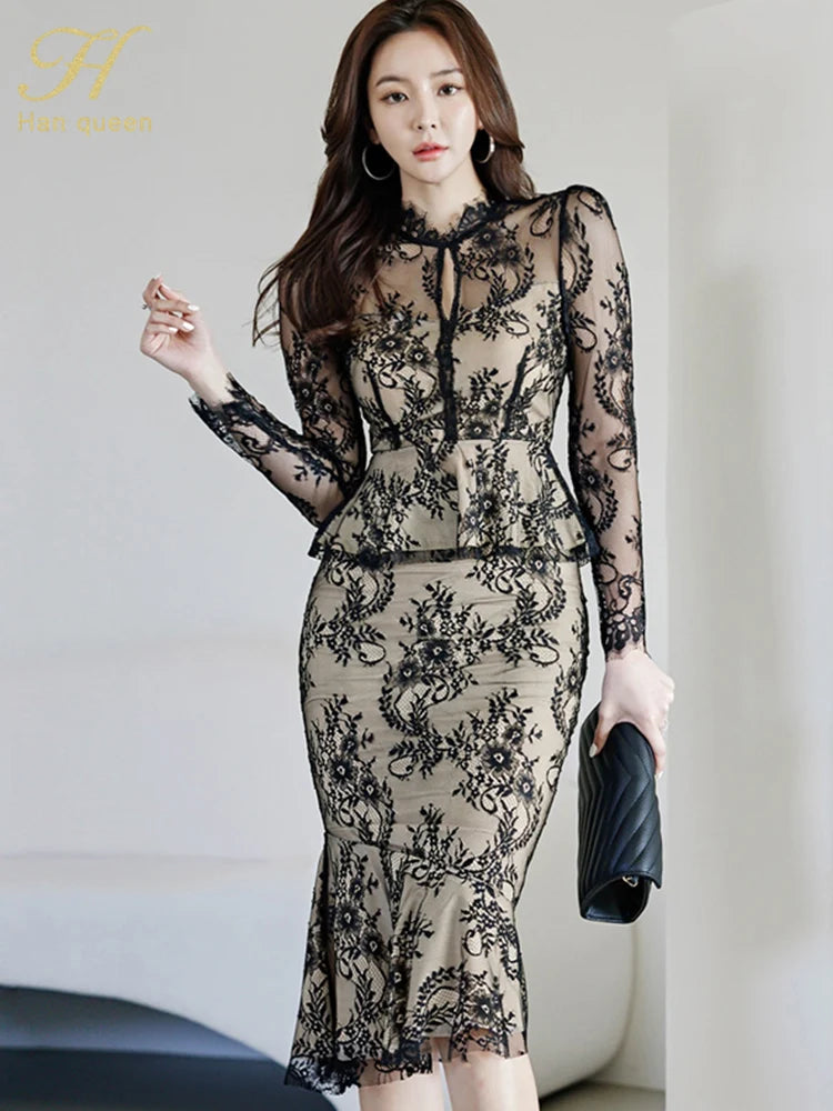 Spring Professional Woman Lace 2 Pieces Set Simple Tops + Vintage High Waist Mermaid Skirt Korean Skirts Suits