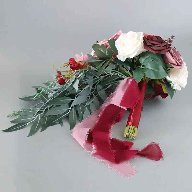 45X22CM Artificial Flower Bundle Bride Water Drops Holding Flowers Wedding Supplies Rose Silk Flower Wedding Photography Props