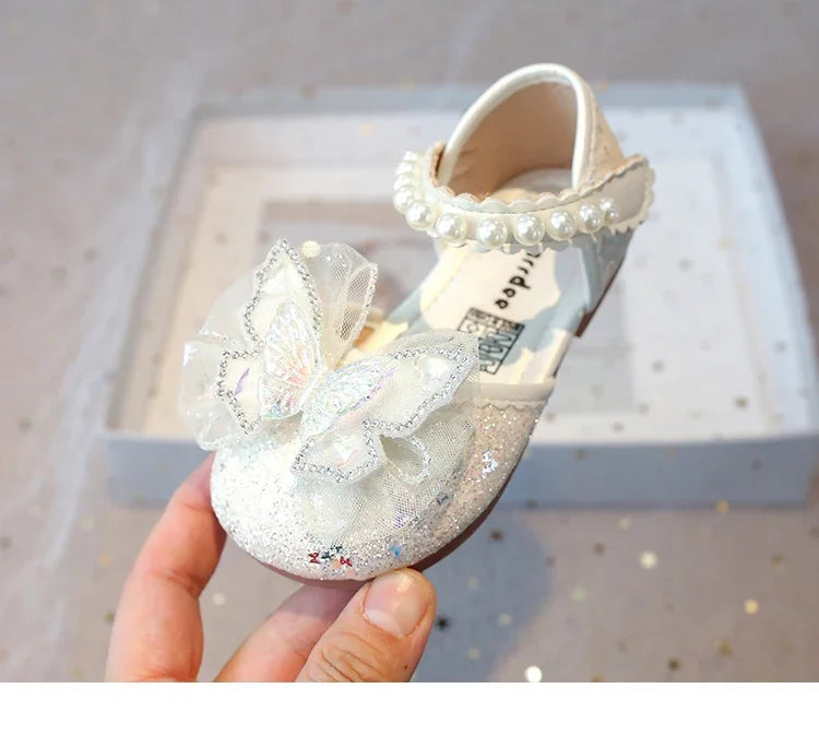 Chic Girls Dress Shoes for Wedding Party Bling Sequins with Rhinestone Butterfly Sweet Princess Chic Kids Flat Shoes Lace Beaded