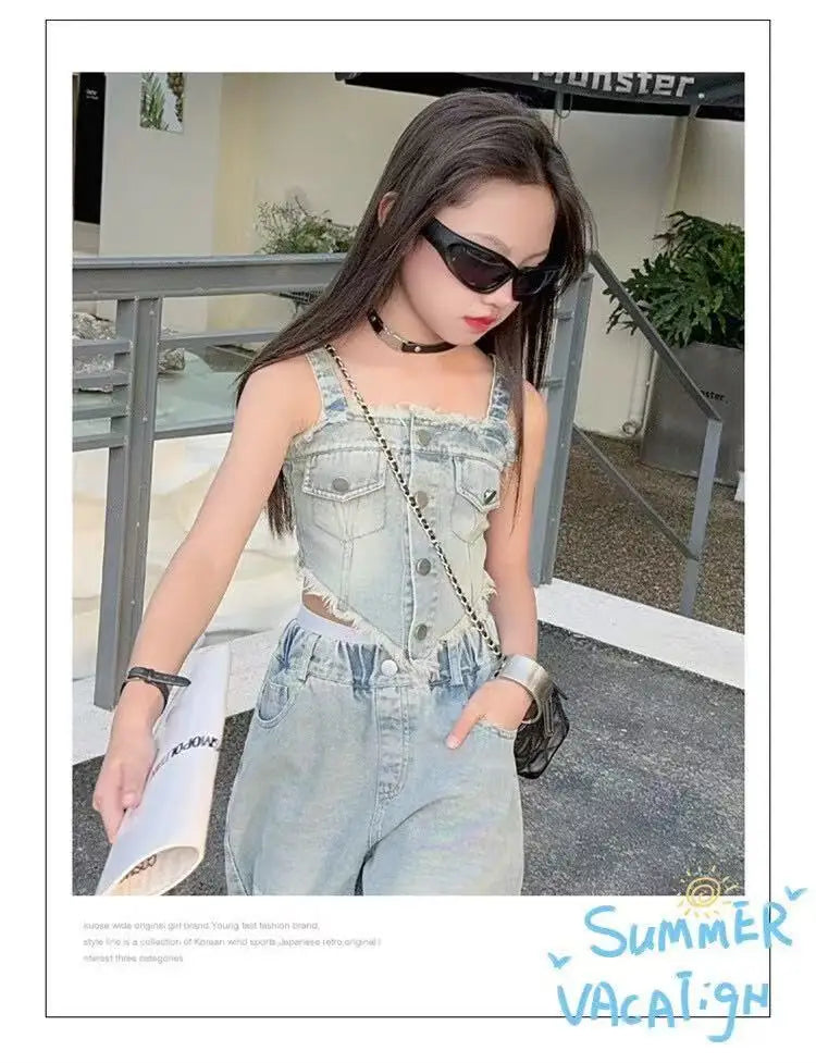 Girl Summer 2025 Halter Vest Ripped Wide-Leg Pants Two-Piece Set Kids Casual Harbor Flavor Simple Style