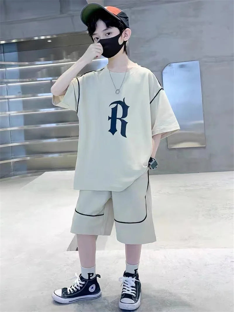 Boys Loose Casual Clothing Sets Summer Big Kids Sportwear Suits Short Sleeve Tops+Shorts 2Pcs Children Fashion Outfits 5-14 Year