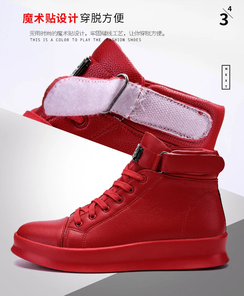 Fashion Luxury Men's Red High Top Sneakers PU Leather Casual Sneakers Men Flat Designer Shoes Breathable Hip Hop Sport Shoes Man