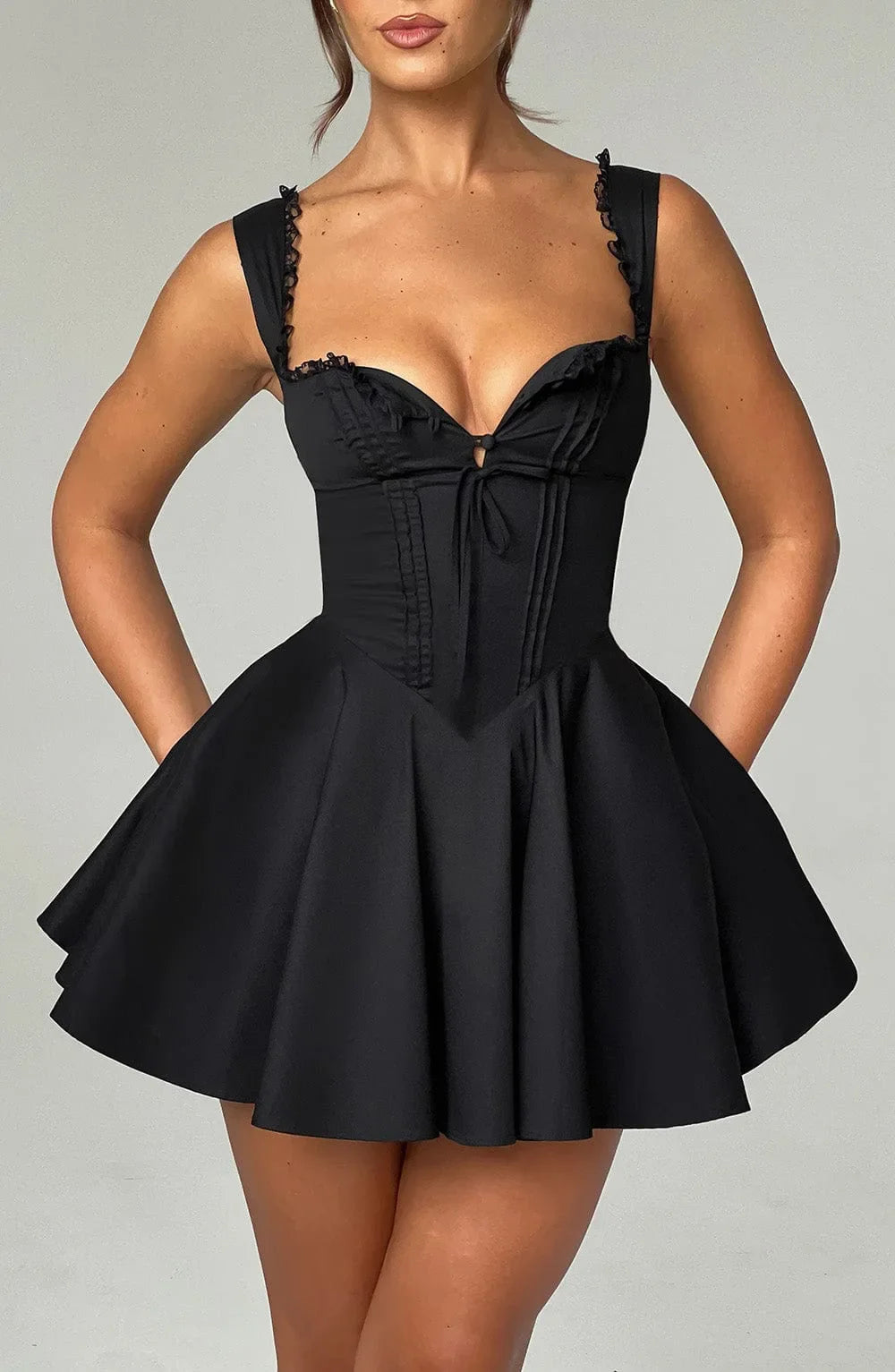 Women's Hot Girl Sweetheart Neck Dress Sexy Lace Splicing A-Line Dress 2025 Spring Summer Female Sweet Girl Solid Color Dress