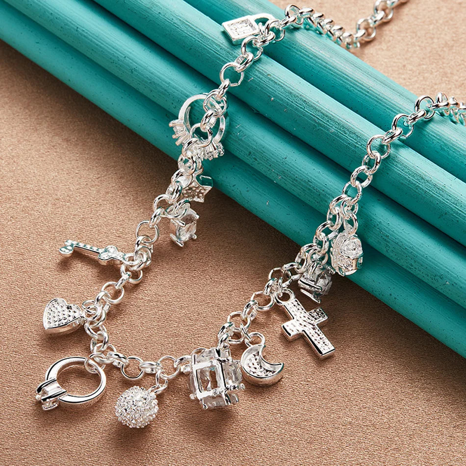 URMYLADY 925 Sterling Silver Ring/Cross/Star/Moon Necklace Bracelet Set For Women Wedding Party Fashion Charm Jewelry