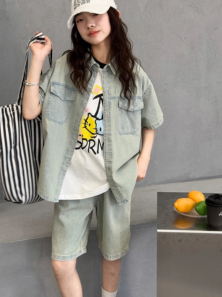 Girls' Summer Tencel Cowboy Set 2025 New Children's Shirt Shorts Two Piece Set Girls' Fashionable Clothes Trendy