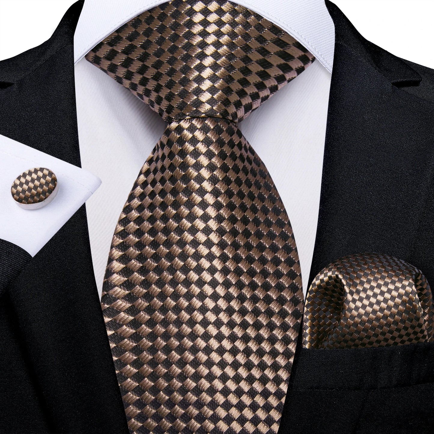 Solid Black Plaid Men's 8cm Polyester Neck Tie Handkerchief Cufflinks Set with Gift Box Tie Clip Birthday Anniversary Gift