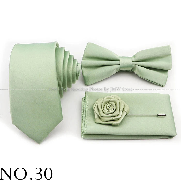 Hot Sale Purple Pink Sage Green Tie Set Polyester Necktie Bowtie Cufflink Brooch For Groom Suit Wedding Cravat Shirt Accessory