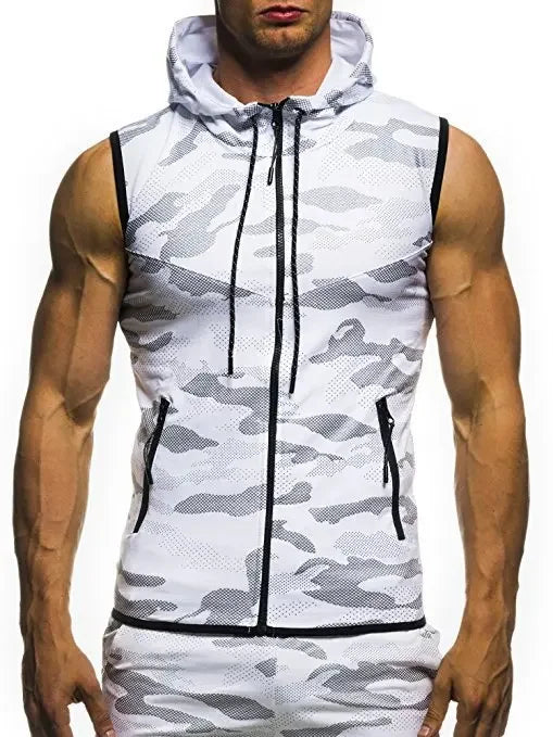 Men Summer Hooded Zipper Vest Mens Clothes Camouflage Tank Top Fitness Sweatshirt Sportswear Clothing Sleeveless Tanktop