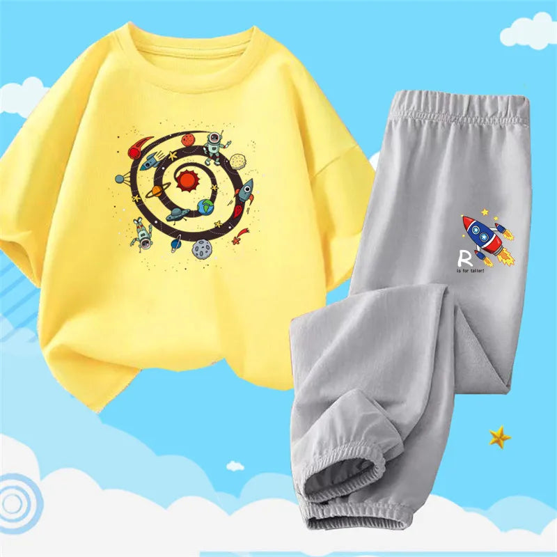 Boys Summer Clothes Set Kids Cartoon Space T shirts+Loose Harlan pants Suit 2PCS Pack Teens Sports Clothing Sets
