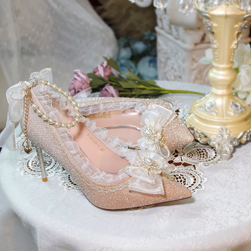 Lolita High Heels One Night Story Lolita Shoes Shiny Pointed High Heels Flower Wedding Ceremony 18 Year Old Slim Heels