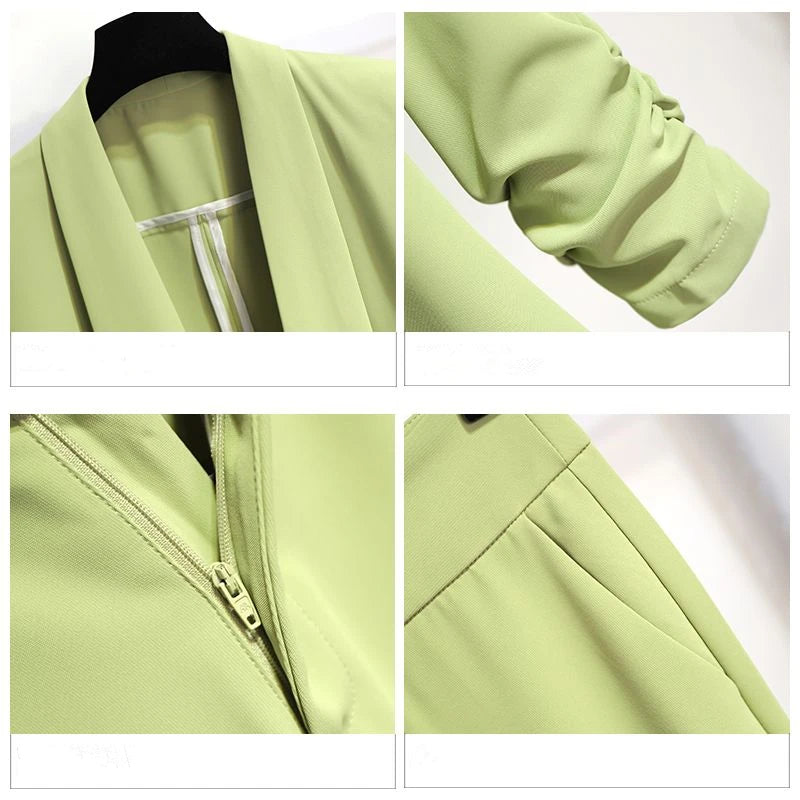 Women Spring Summer Green Blazer Pants Two Pieces Sets 2025 Office Lady Graceful Thin Suit Jacket Trousers Outfits Work Clothing