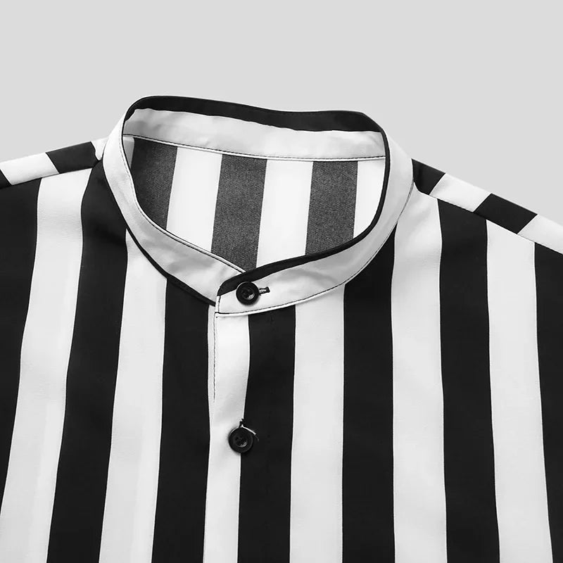 Summer casual new men's shirts, fashionable striped short-sleeved T-shirts, stand-up collar, versatile and trendy men's clothing