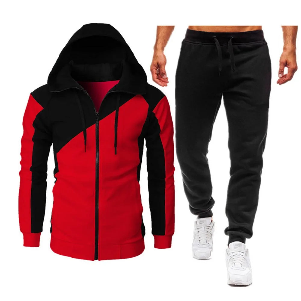 Men's Sets, Athletic two-tone patchwork jacket, long sleeves and long pants, hooded casual sports men's suit