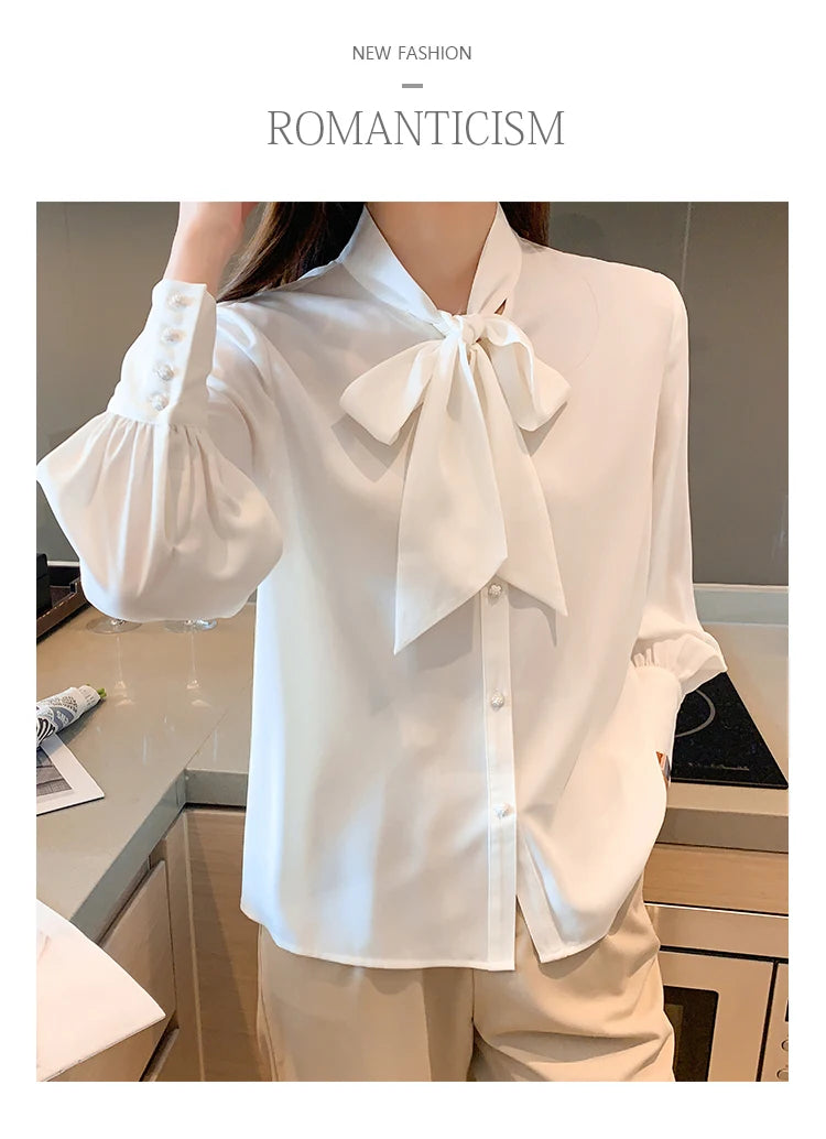 H Han Queen New Arrival Shirt Womens Blouse Vintage Work Casual Tops Chiffon Blouse Bow Elegant Loose Women Business Shirts 2021