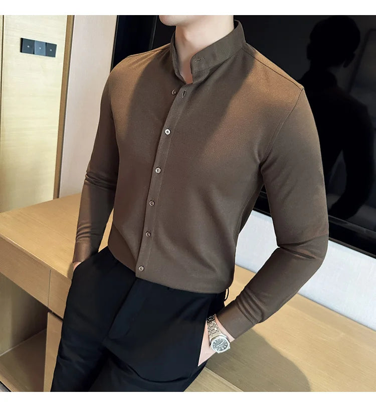 Winter Men Woolen Shirt with British Style Solid Casual Stand Up Collar Thick Warm Wool Formal Dress Shirt Fashion Men Clothing