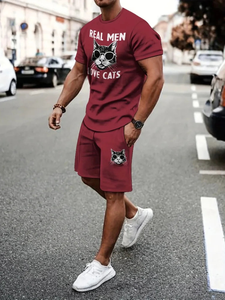 Men's Summer Short Sleeve Set Hip Hop Cartoon Bear Print Short Sleeve Top Shorts Casual Two-piece Outdoor Urban Street Fashion