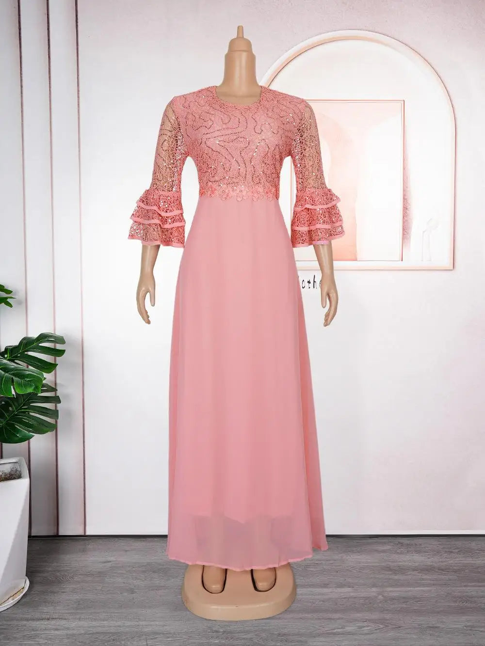 Muslim African Clothes Dresses Elegant Fashion Sequins Lace Ruffle Sleeve Clothing Evening Party Gown Women Plus Size Dresses