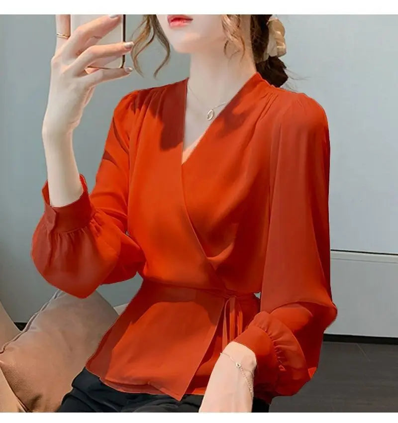 Stylish V-Neck Solid Color All-match Bandage Chiffon Shirt Women's Clothing 2025 Spring New Loose Korean Tops Irregular Blouse