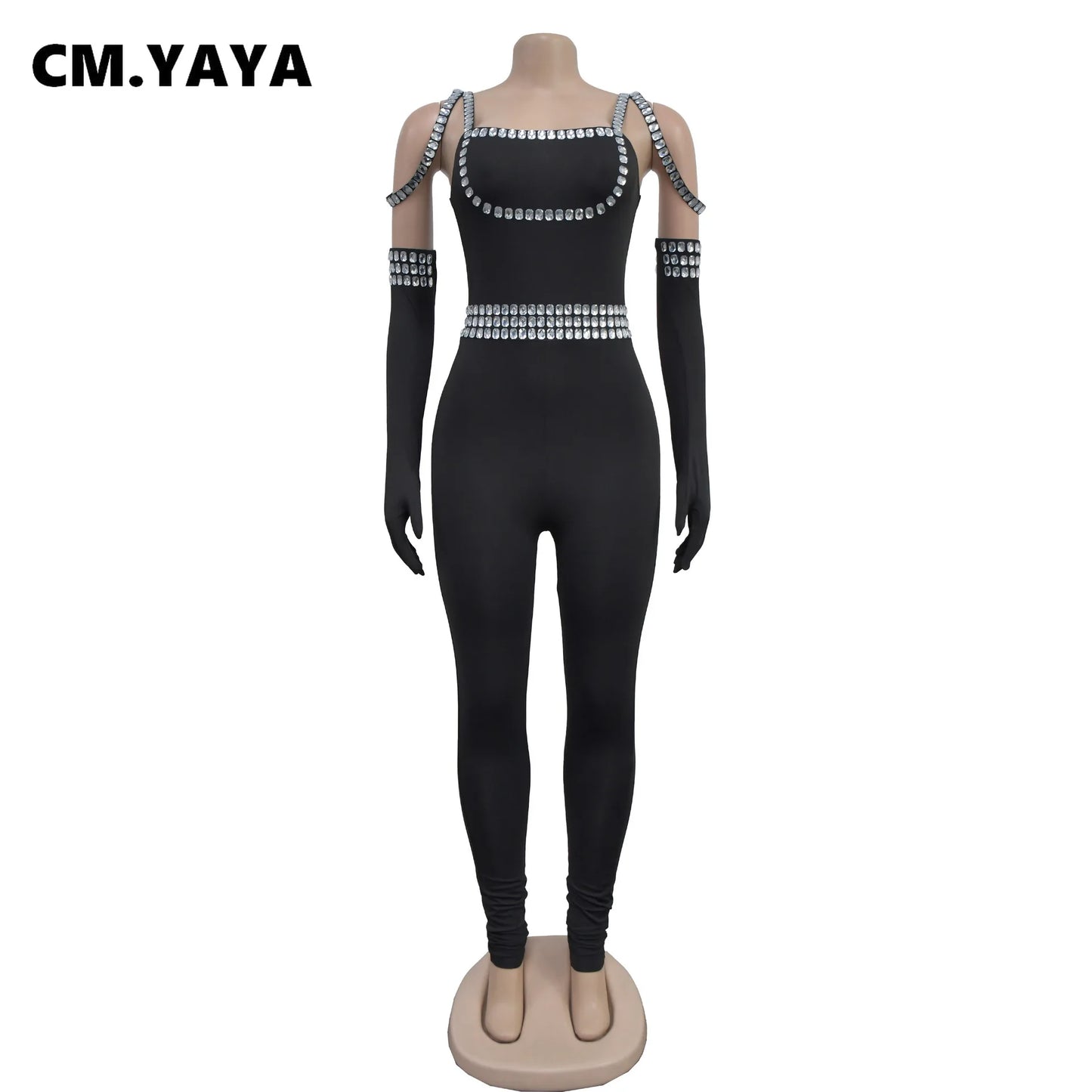 CM.YAYA Women Diamonds Hot Rhinestones Sexy Strap Long Sleeve Jumpsuits Streetwear Club One Piece Overall Rompers with Gloves