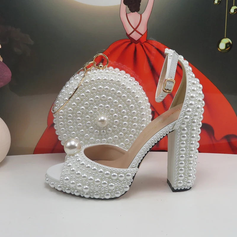 2024 New Arrival Hademade White Sandals Bridal shoes bag set woman Big Pearl Girls fashion Sandals party Shoes Fashion Thin Heel