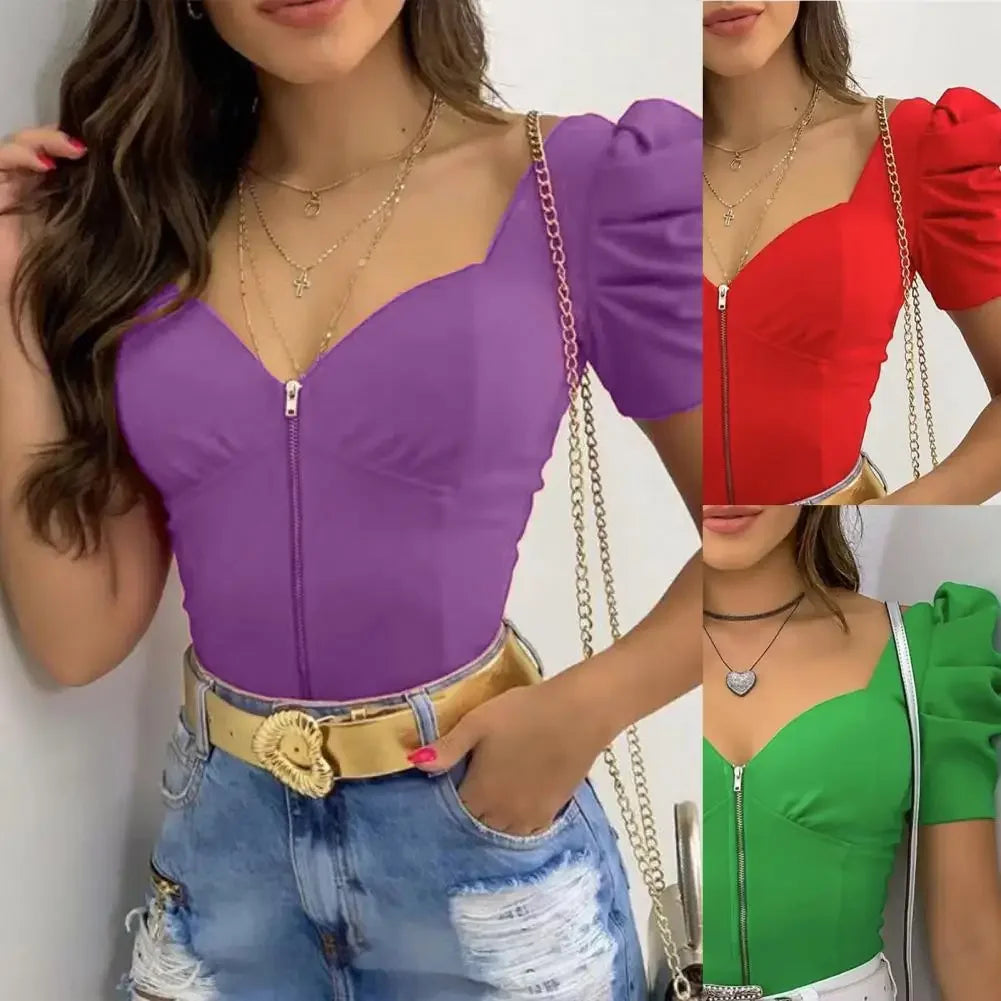 Spring New Fashion Casual Sexy Female Clothing T-Shirts Pullover Tops Floral Pattern Puff Sleeve Women Top