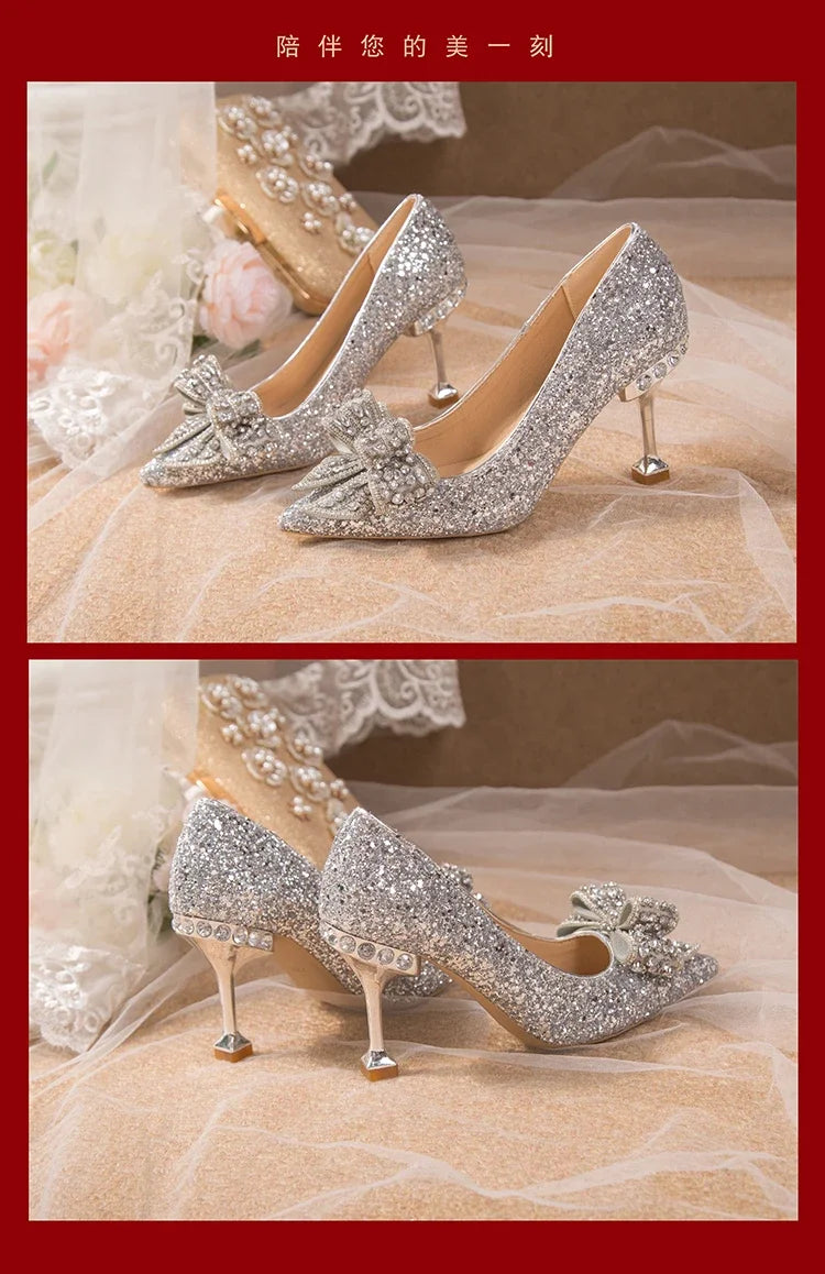 Women's Rhinestone Wedding Shoes New Year Shoes Luxury Buckle Decorative Banquet Women's Shoes High Heels Gold Silver Red