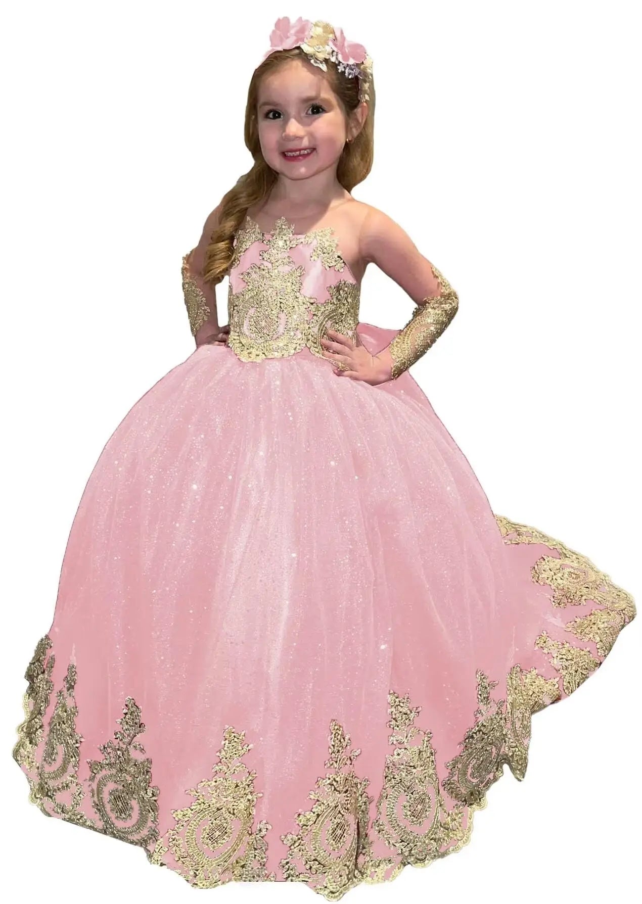 Glitter Puffy Princess Flower Girl Dresses Gold Appliques Bow Tulle Long Pageant Wedding Party Mini Quinceanera Dress Ball Gowns