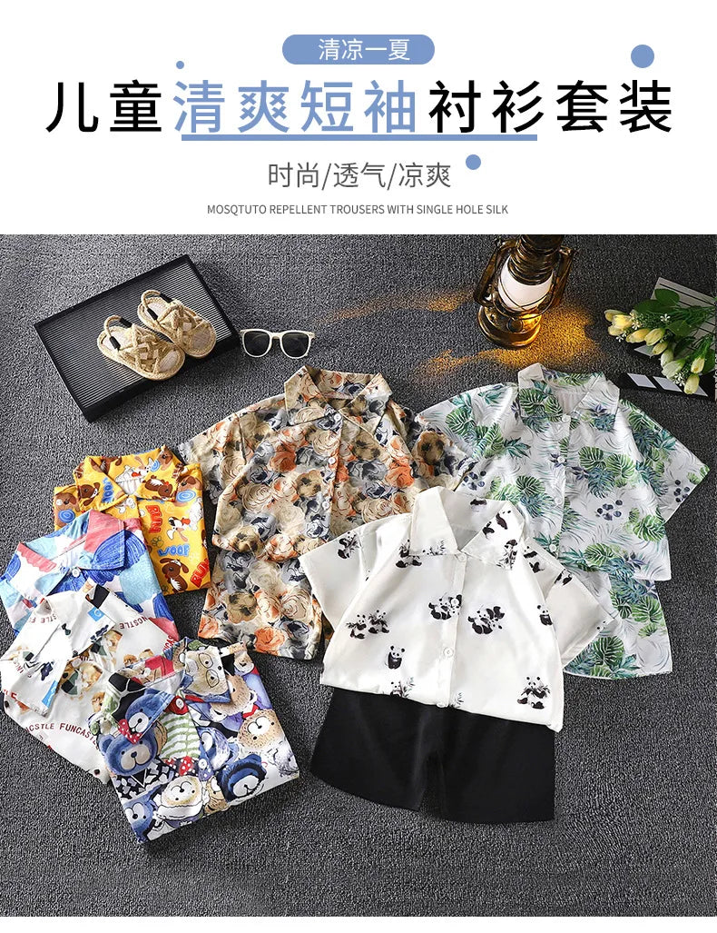2025 Boys Summer Shirt Set New Casual Short Sleeve and Shorts Hong Kong Style Childrens Clothing Summer Outfit for Kids