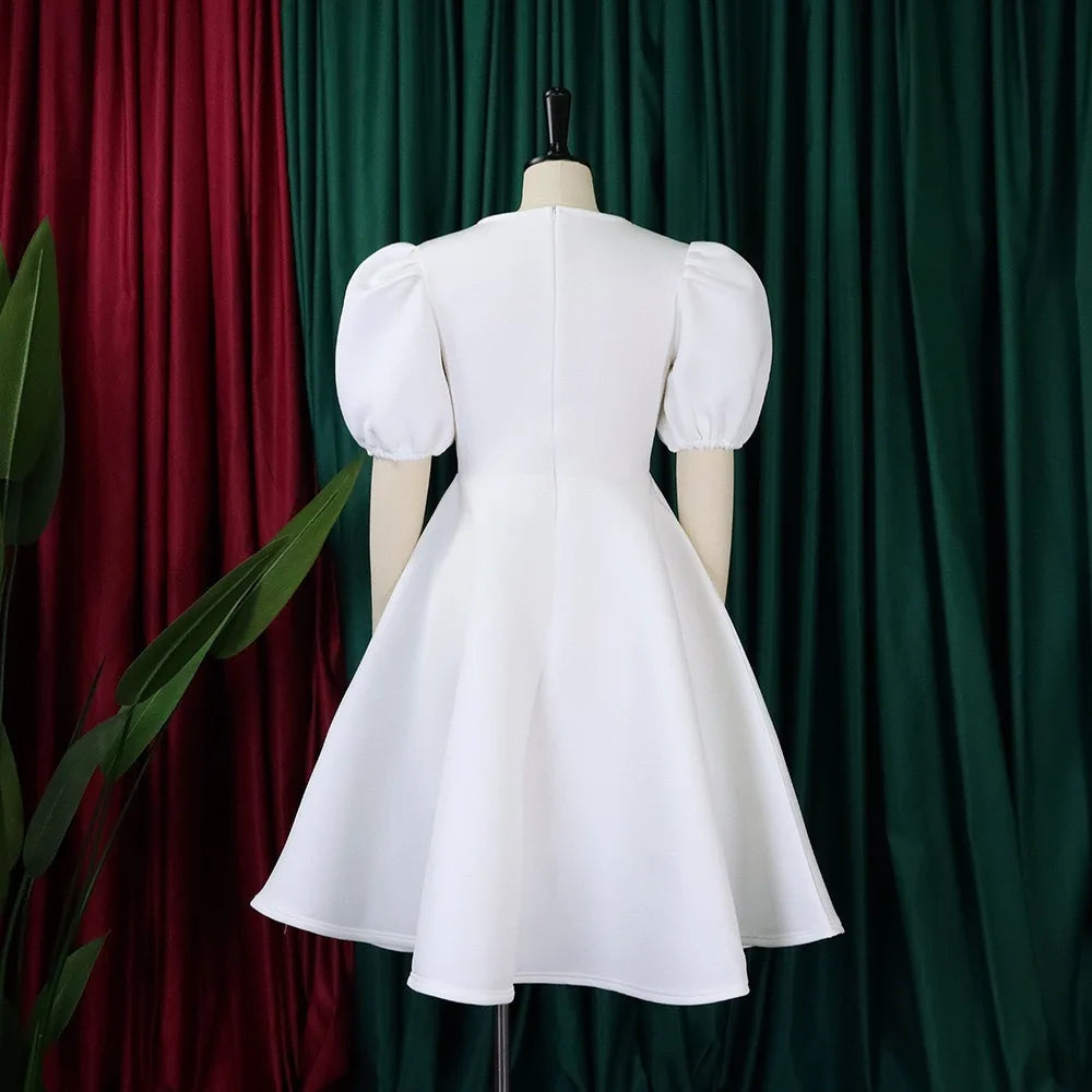 Elegant Party Dresses for Women O Neck Short Sleeve High Waisted A Line Pleated Mid Calf Luxury Birthday Dinner Vestidos Mujer