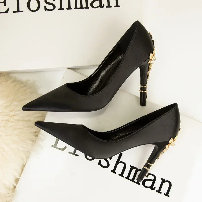 Women's Metal Flowers Stiletto High-heel Shoes Female Light Luxury Sexy Fashion Wedding Shoes Pointed Toe Satin Single Shoes