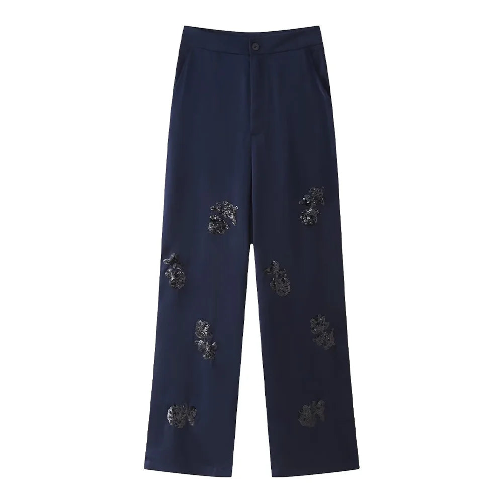 Zach Ailsa 2024 Summer New Product Women's Fashion Loose Lace up Suit Coat Beaded Silk Texture Long Pants Casual Set