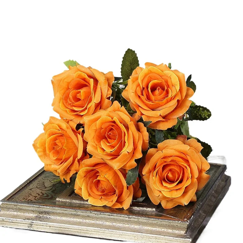 High-quality Silk Orange Rose Artificial Flowers for Wedding Decoration, Big and Realistic.