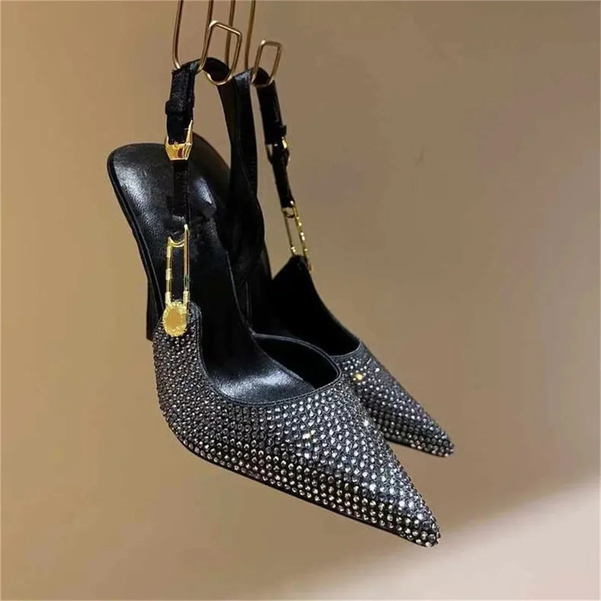 2025Women's Sexy Silk Rhinestone Pumps Belt Buckle Back Hollow Pointed Toe Thin Heel Sandals Pumps Female High Heels Party Shoes