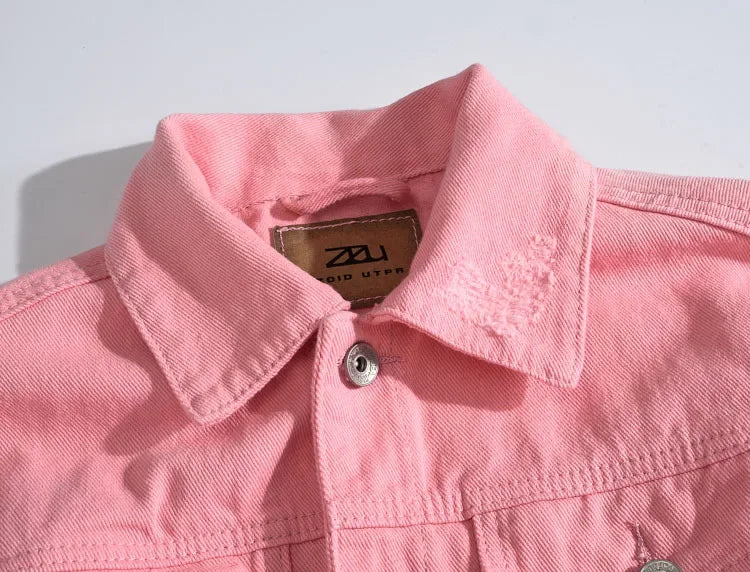 Men Pink Denim jackets Outerwear Jean Coats New Spring Autumn Men Holes Jena Jackets Men Slim Denim Jackets Size 4XL