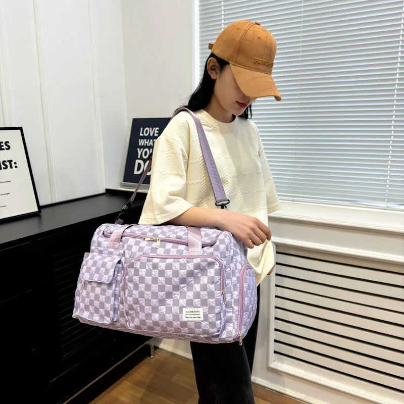Fashion Large Capacity Checkerboard Pattern Duffle Handbag, Lightweight Travel Luggage Storage Bag, Portable Sports Fitness Bag