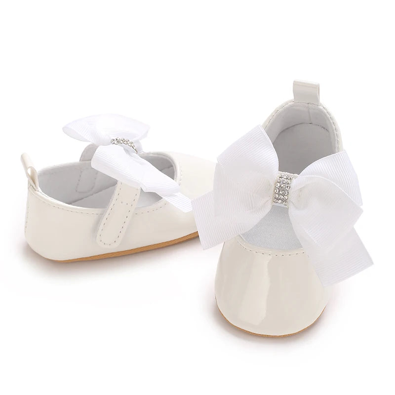 VALEN SINA 0-18 Months Newborn Girl White Baptism Shoes Bow Non-slip Rubber Soft-Sole Flat PU First Walker Mary Janes